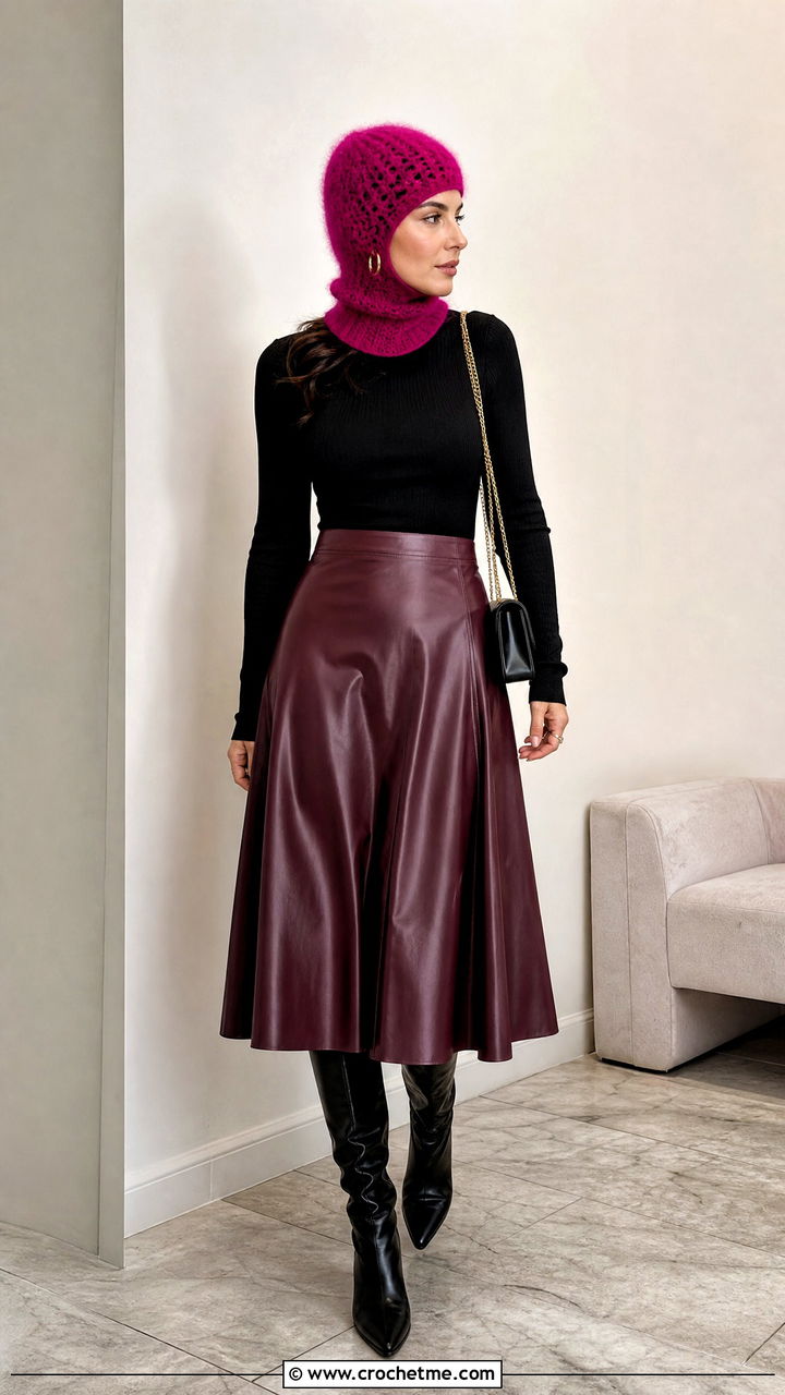 Fuzzy Crochet Balaclava With Faux Leather Skirt - 35 crochet baclava hat outfit ideas
