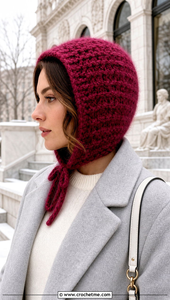 Fuzzy Crochet Bonnet With Minimalist Coat - 25 Crochet Hair Bonnet outfit ideas