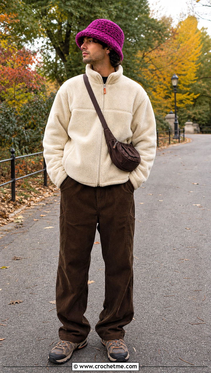 Fuzzy Crochet Bucket Hat With Fleece Jacket - 35 men crochet bucket hat outfit ideas