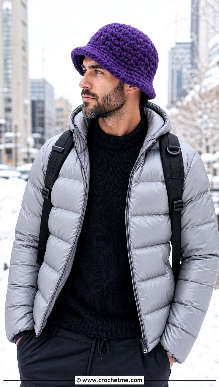 Fuzzy Crochet Bucket Hat With Puffer Jacket And Winter Pants - 30 crochet bucket hat men outfit ideas