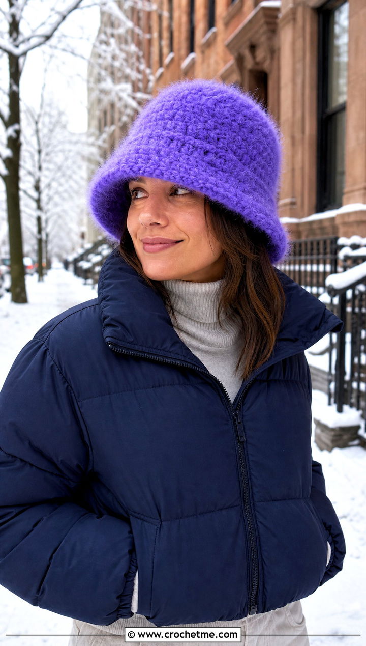 Fuzzy Crochet Bucket Hat With Puffer Jacket - 15 crochet trendy bucket hat outfit ideas
