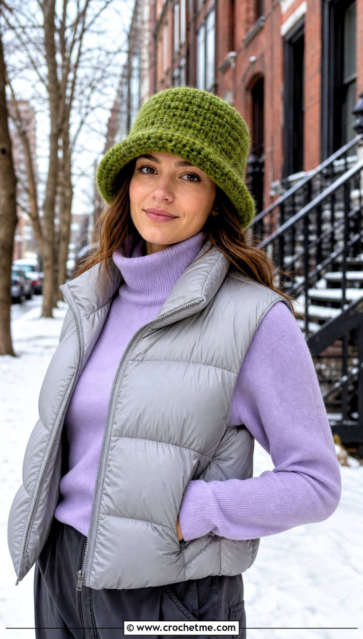 Fuzzy Crochet Bucket Hat With Puffer Vest - 25 Crochet Bucket Hat Design Ideas