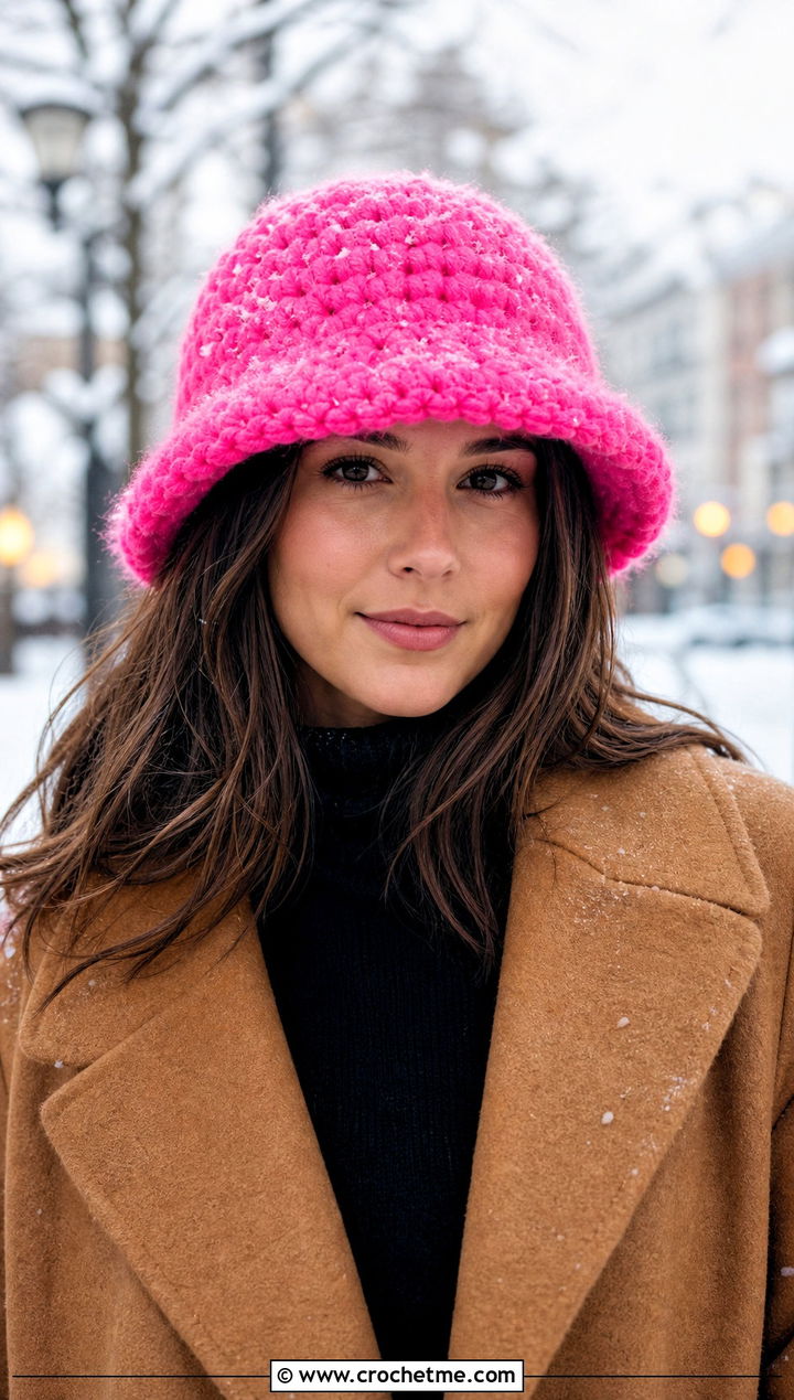 Fuzzy Crochet Bucket Hat With Sweater And Wool Coat - 25 Crochet Bucket Hat For Women outfit ideas