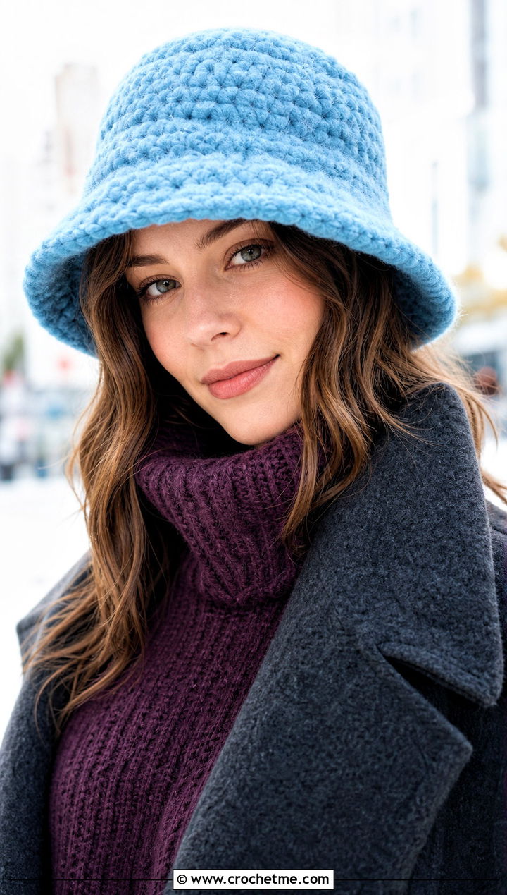Fuzzy Crochet Bucket Hat With Sweater Dress - 25 crocheting bucket hat outfit ideas