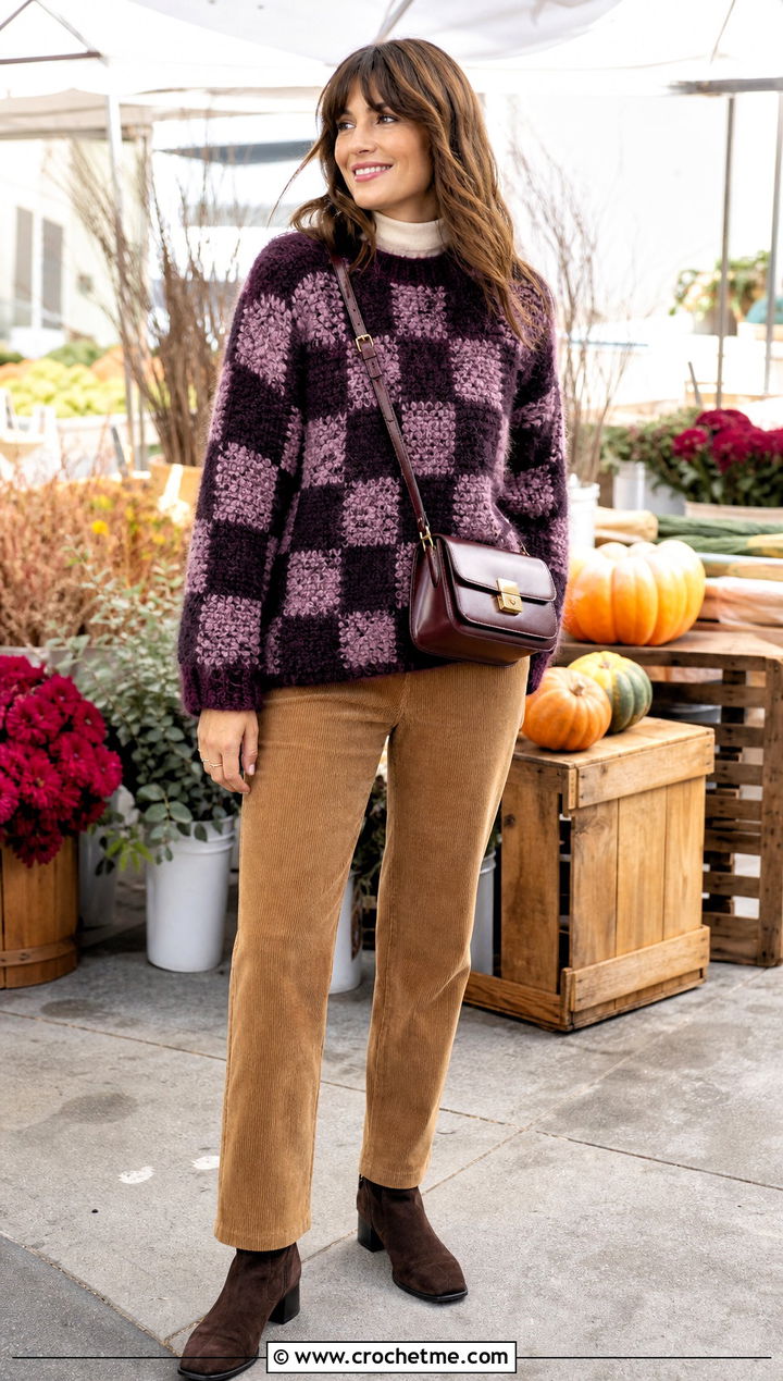 Fuzzy Crochet Checker Sweater With Corduroy Pants - 25 Crochet Checker Sweater outfit ideas