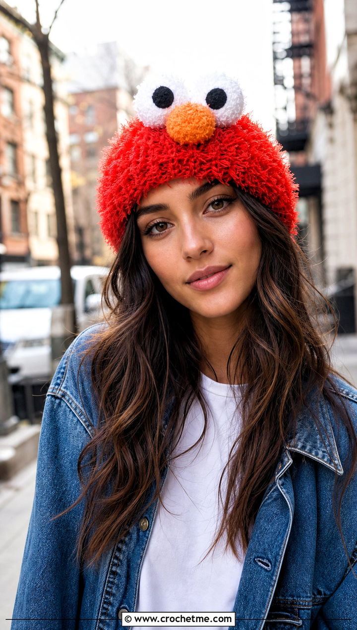 Fuzzy Crochet Elmo Beanie With Denim Jacket - 15 Crochet Elmo Hat outfit ideas