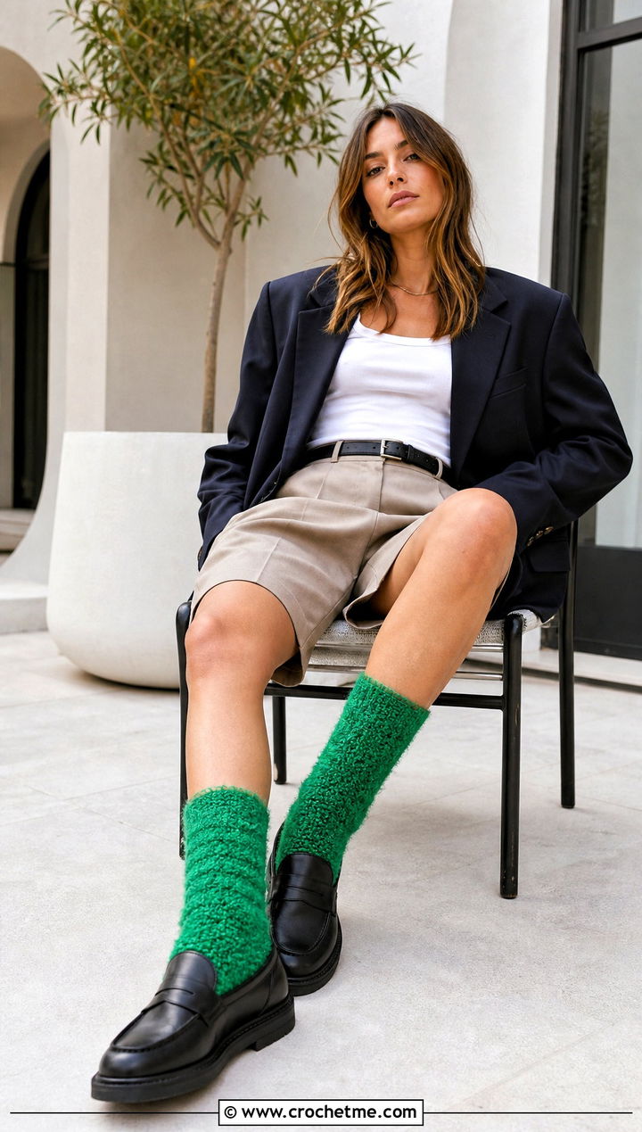Fuzzy Crochet Fluffy Crew Socks With Blazer - 25 Crochet Fluffy Socks outfit ideas