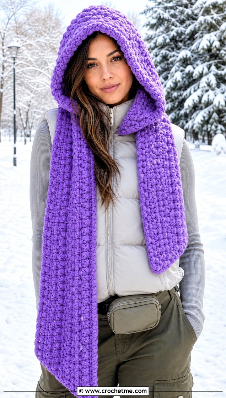 Fuzzy Crochet Hooded Scarf With Puffer Vest - 25 Fuzzy Crochet Scarf outfit ideas