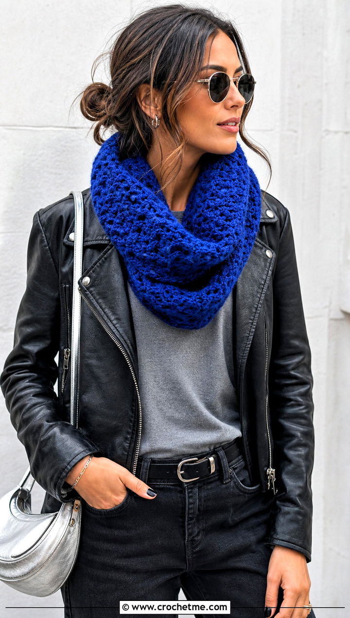 Fuzzy Crochet Infinity Scarf With Leather Jacket - 25 Fuzzy Crochet Scarf outfit ideas