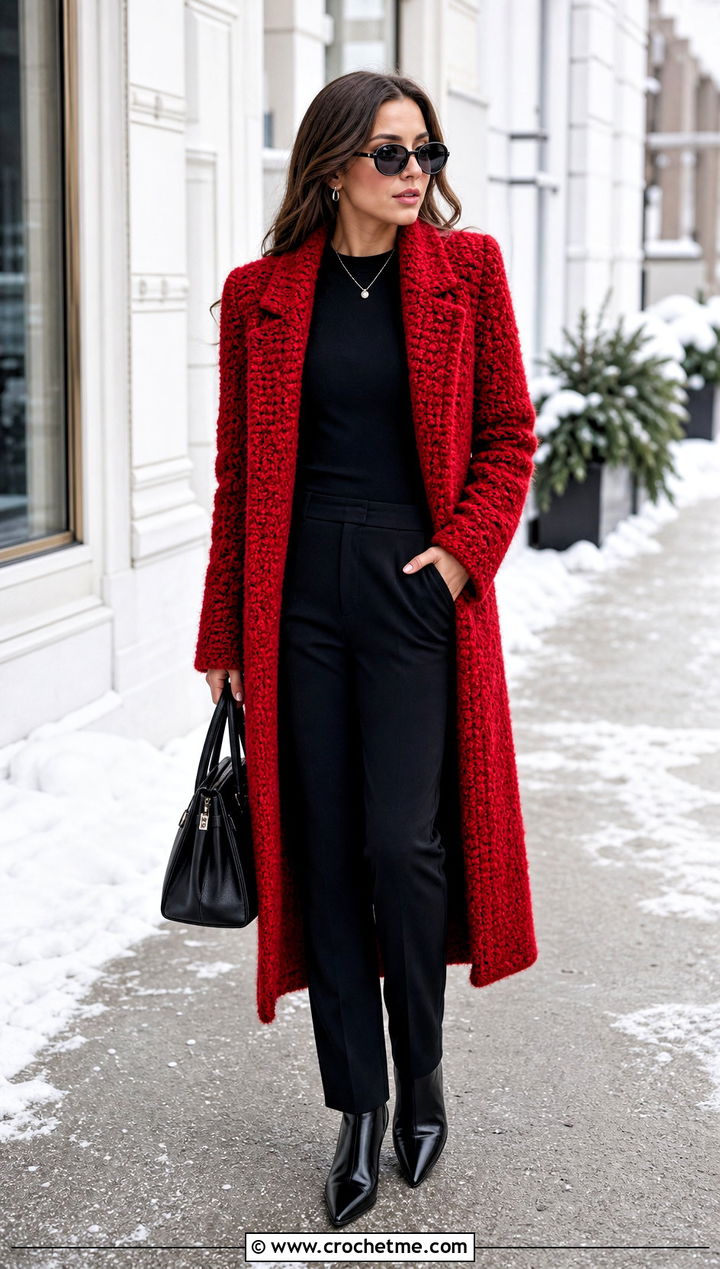 Fuzzy Crochet Longline Coat With Monochrome Separates - 30 fluffy crochet clothes and outfit ideas