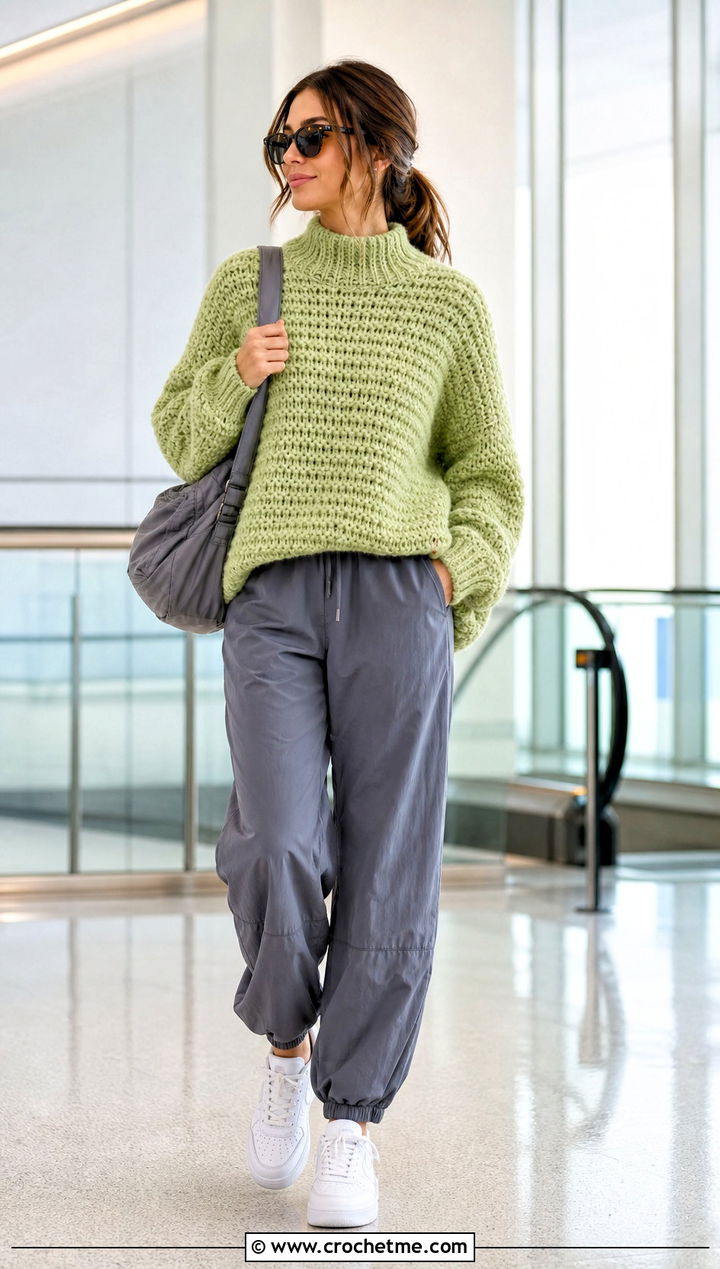 Fuzzy Crochet Mock Neck Sweater With Parachute Pants - 25 Crochet Mock Neck Sweater outfit ideas