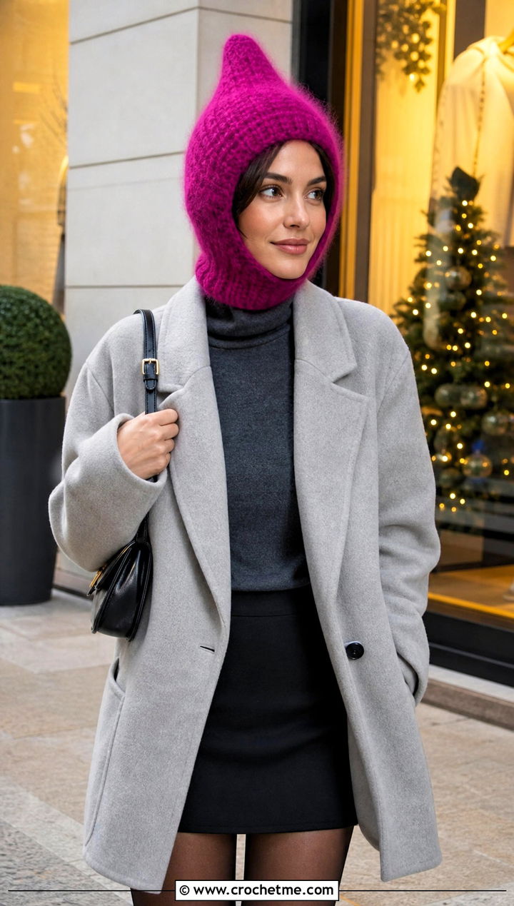 Fuzzy Crochet Pixie Hood With Mini Skirt - 30 crochet pixie hat outfit ideas