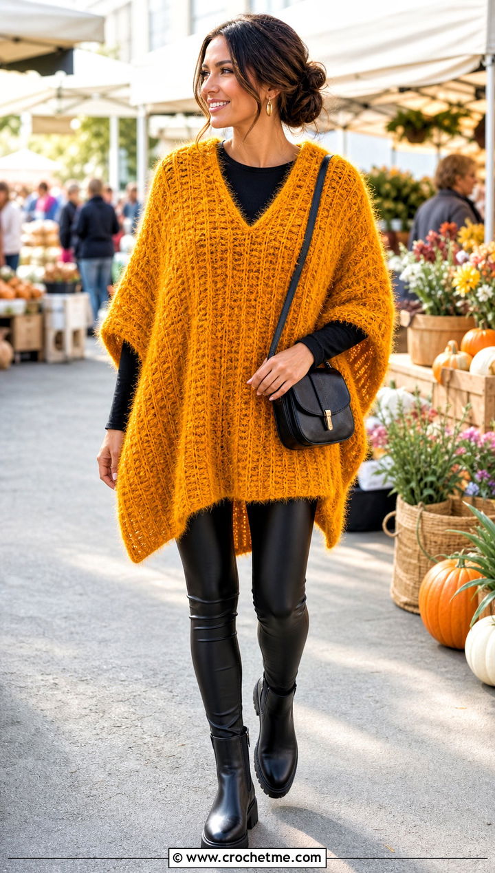 Fuzzy Crochet Poncho With Faux Leather Leggings - 30 fluffy crochet clothes and outfit ideas