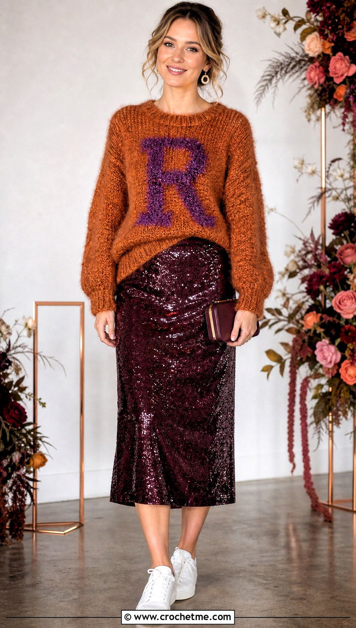 Fuzzy Crochet Ron Weasley Sweater With Sequin Midi Skirt - 25 Crochet Ron Weasley Sweater outfit ideas