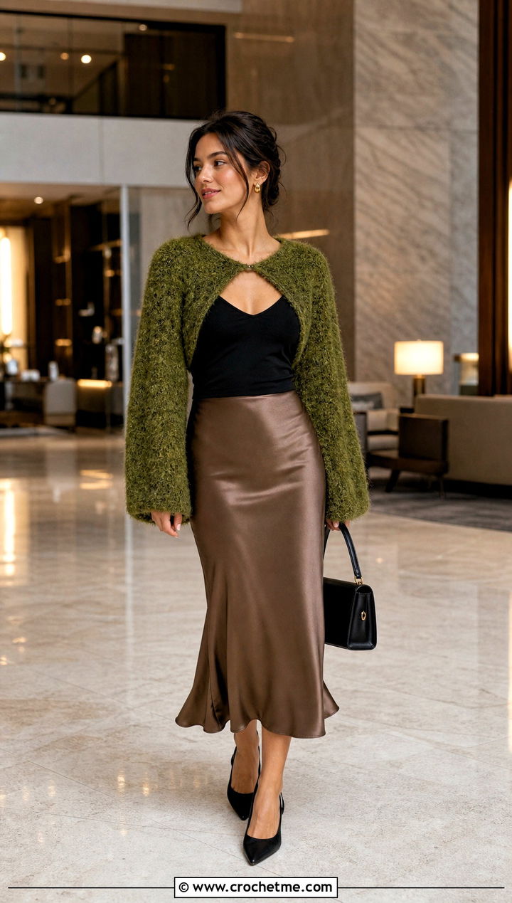 Fuzzy Crochet Shrug Sweater With Bias Cut Skirt - 30 crochet shrug sweater outfit ideas