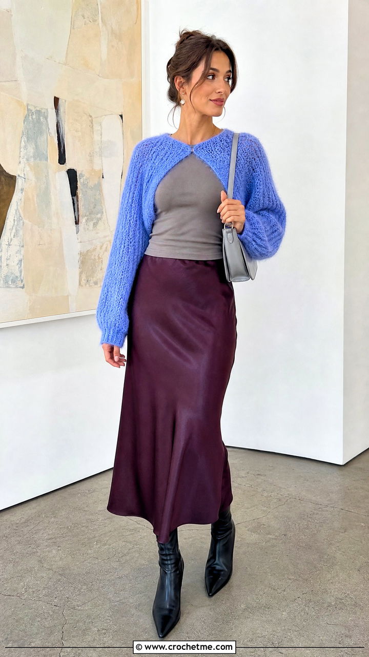 Fuzzy Crochet Shrug With Bias Cut Midi Skirt - 35 crochet shrugs outfit ideas