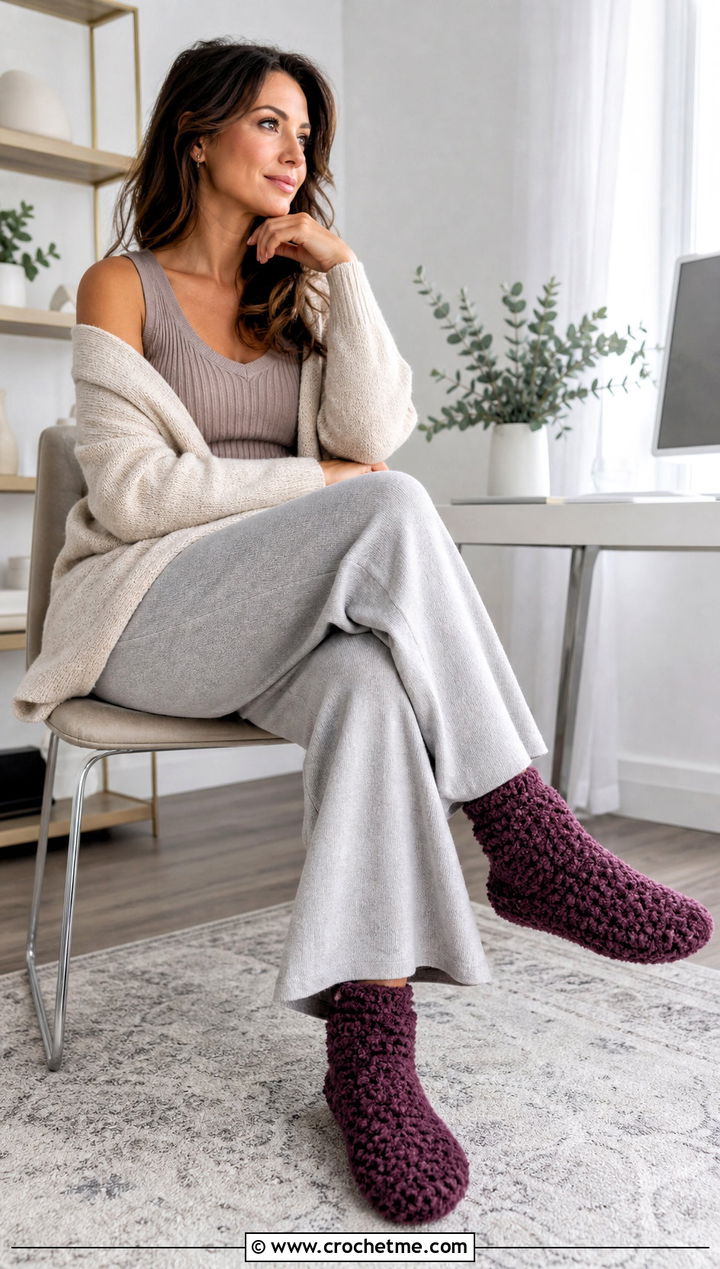Fuzzy Crochet Slipper Socks With A Lounge Set - 20 Fuzzy Crochet Sock outfit ideas