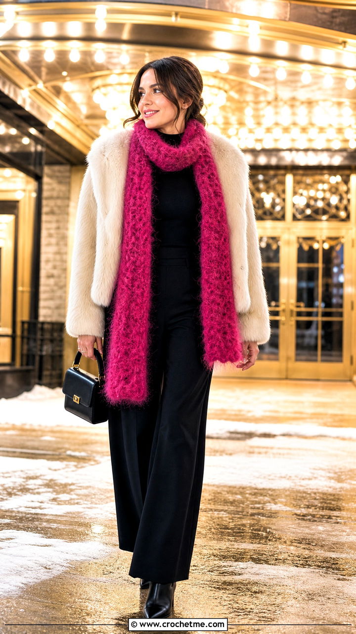 Fuzzy Crochet Sophie Scarf With Faux Fur Coat And Trousers - 35 crochet sophie scarf outfit ideas