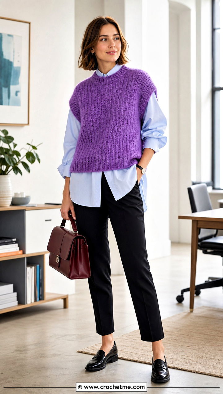 Fuzzy Crochet Sweater Vest With Poplin Shirt - 30 fluffy crochet clothes and outfit ideas