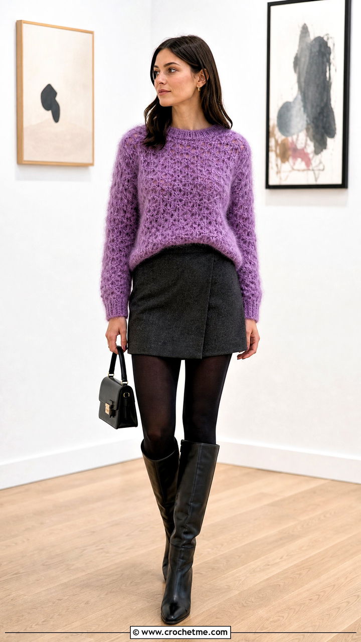 Fuzzy Crochet Sweater With Mini Skirt And Tights - 35 crochet sweater ideas