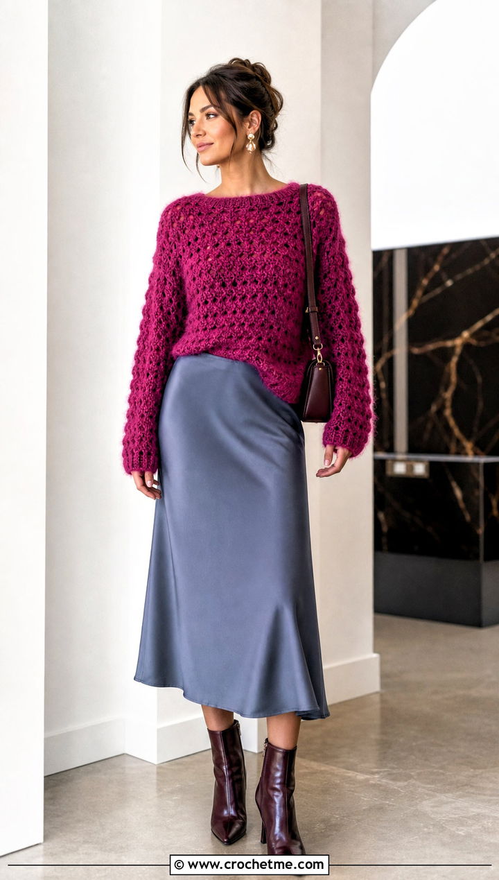 Fuzzy Crochet Sweater With Satin Midi Skirt - 25 90s crochet sweater outfit ideas