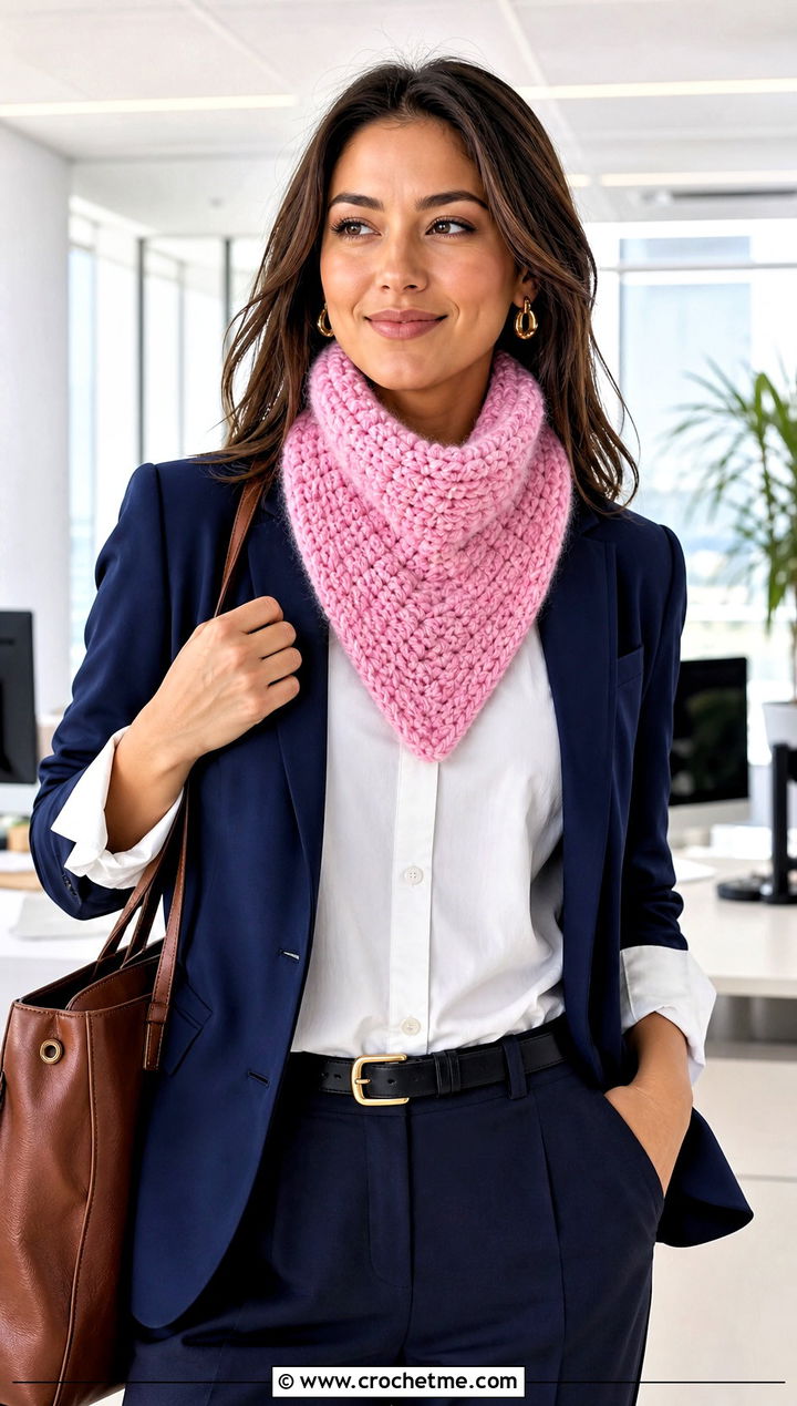 Fuzzy Crochet Triangle Scarf With Blazer - 25 Fuzzy Crochet Scarf outfit ideas