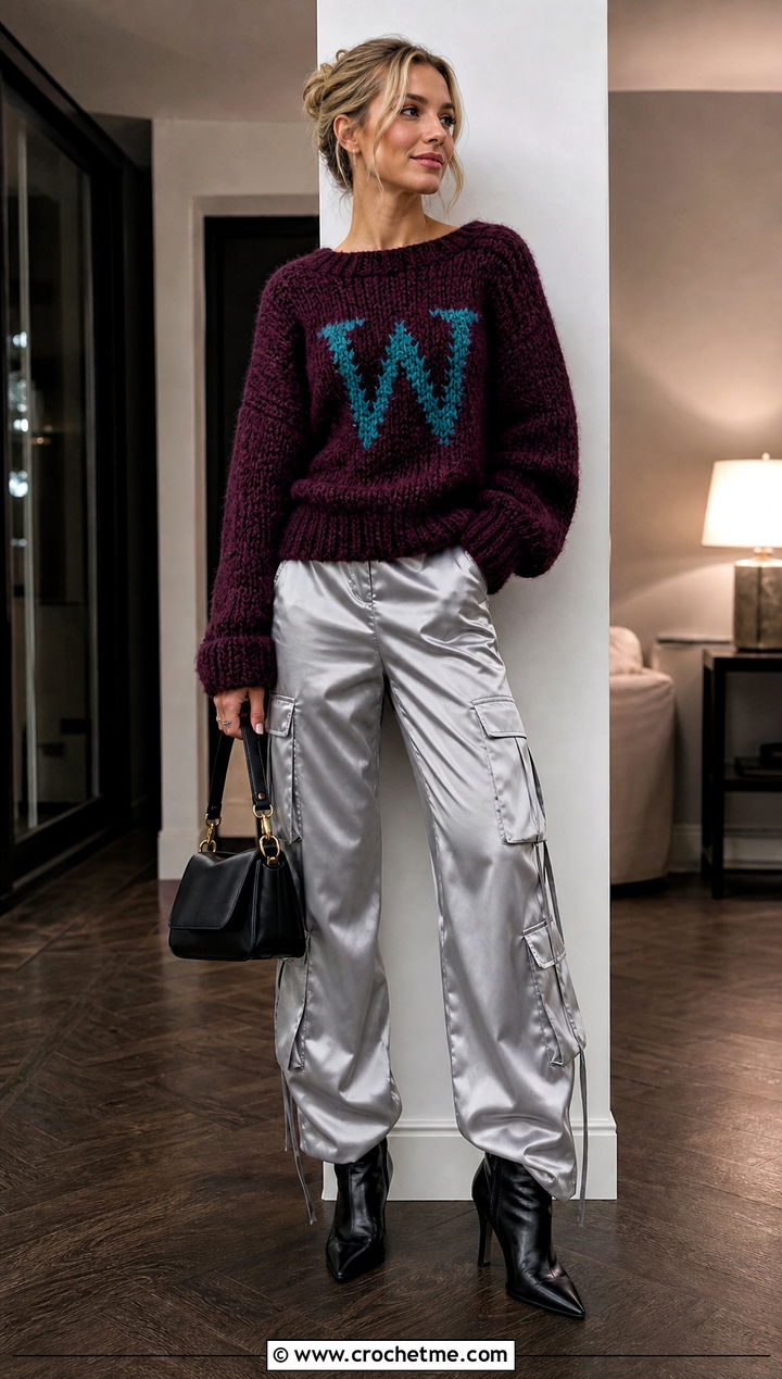 Fuzzy Crochet Weasley Sweater With Satin Cargo Pants - 35 crochet weasley sweater outfit ideas