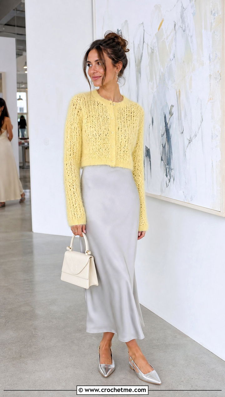 Fuzzy Cropped Crochet Cardigan With Satin Slip Skirt - 30 fluffy crochet clothes and outfit ideas