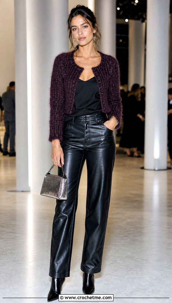 Fuzzy Cropped Crochet Y K Cardigan With Leather Trousers - 20 Crochet Y2K Cardigan outfit ideas