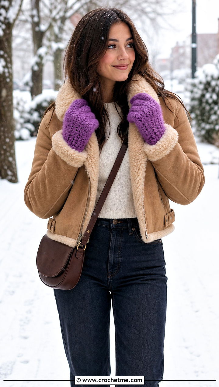 Fuzzy Full Finger Crochet Gloves With Shearling Jacket - 15 Crochet Fingered Gloves outfit ideas