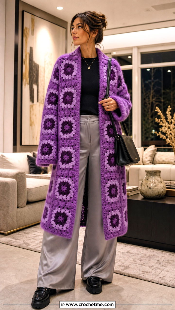 Fuzzy Granny Square Coat With Satin Pants - 30 crochet granny square coat outfit ideas