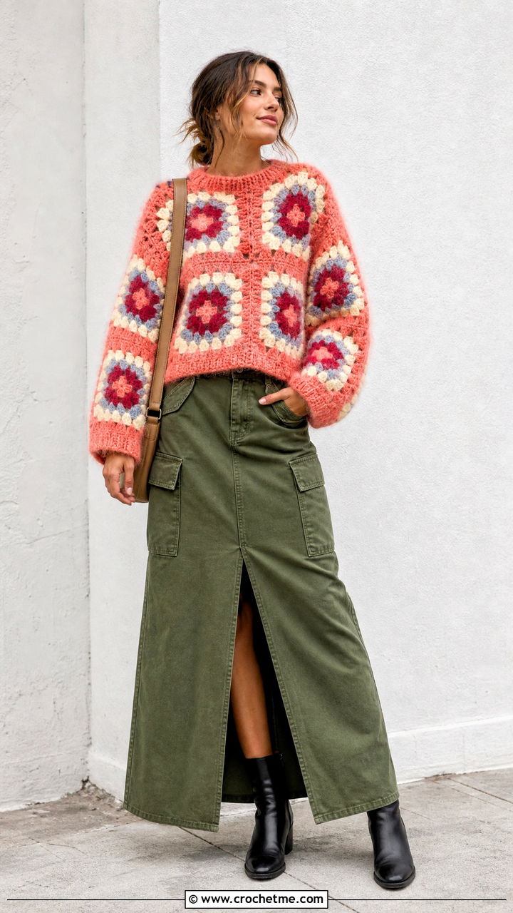 Fuzzy Granny Square Crochet Fluffy Sweater With Cargo Maxi Skirt - 35 crochet fluffy sweater outfit ideas