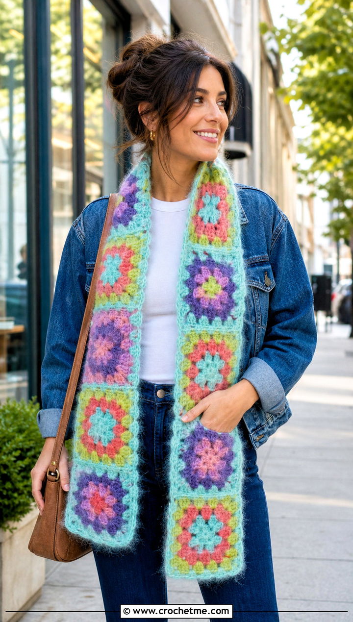 Fuzzy Granny Square Crochet Scarf With Denim Jacket - 25 Fuzzy Crochet Scarf outfit ideas