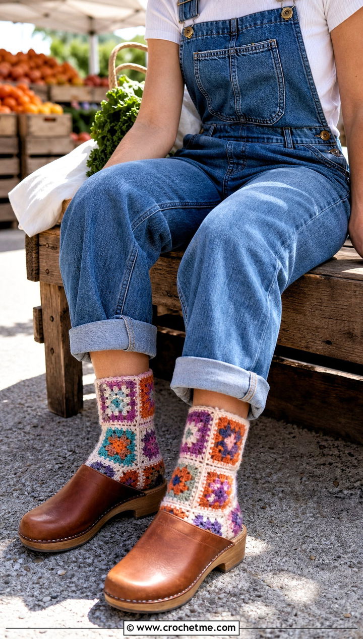 Fuzzy Granny Square Crochet Socks With Denim Overalls - 20 Fuzzy Crochet Sock outfit ideas