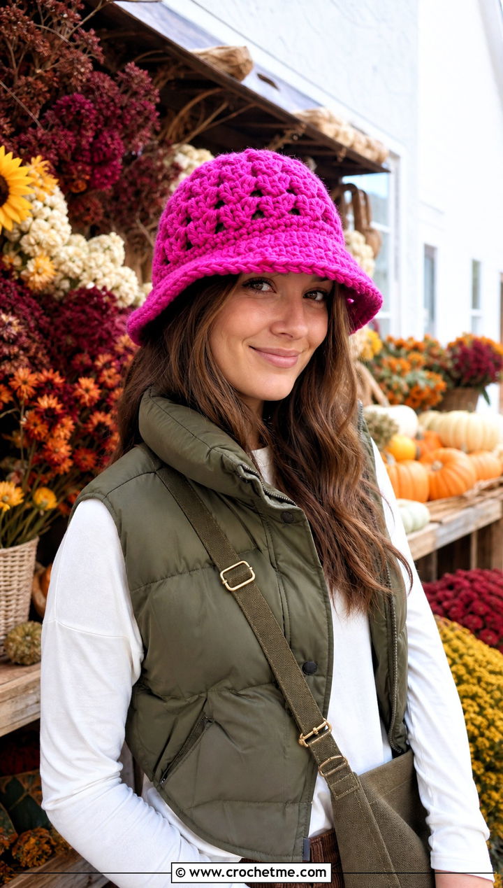 Fuzzy Granny Stitch Bucket Hat With Puffer Vest And Corduroy Pants - 30 crochet granny stitch bucket hat outfit ideas