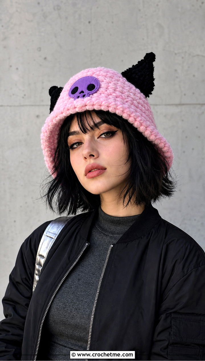 Fuzzy Kuromi Crochet Bucket Hat With Faux Leather Pants - 15 Kuromi Crochet Bucket Hat outfit ideas