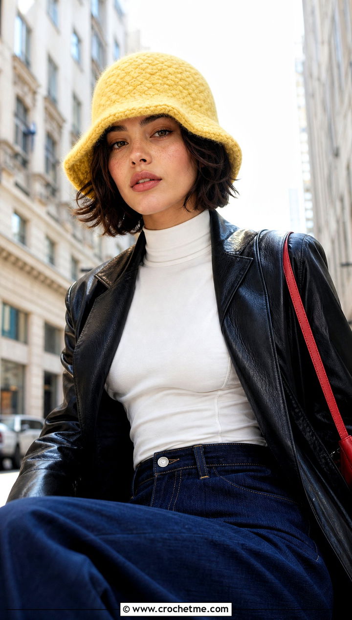 Fuzzy Lemon Crochet Bucket Hat With Leather Jacket - 25 Lemon Crochet Bucket Hat outfit ideas