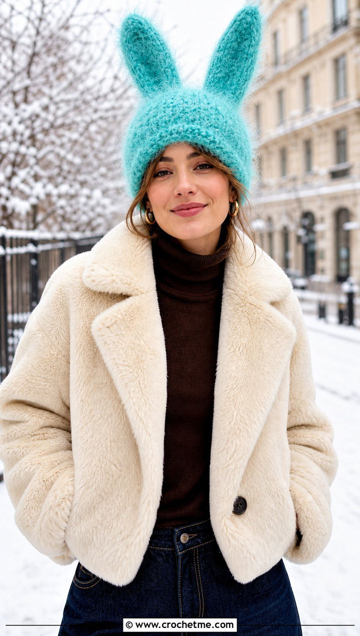 Fuzzy Louise Crochet Bunny Ear Hat With Faux Fur Coat And Flared Jeans - 25 Louise Crochet Hat outfit ideas