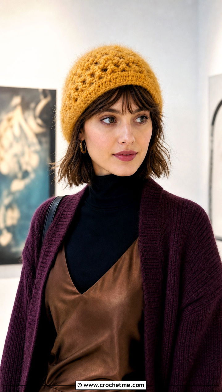 Fuzzy Magic Circle Crochet Beanie With Slip Dress - 25 Crochet Beanie Magic Circle outfit ideas