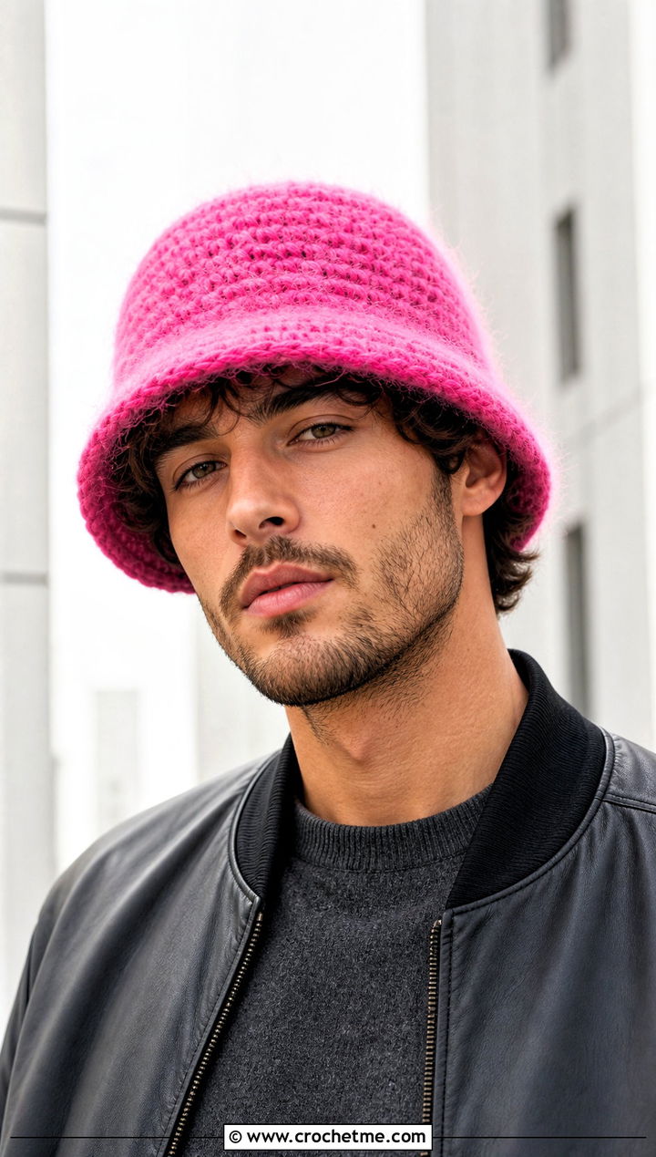 Fuzzy Mohair Crochet Bucket Hat With Leather Bomber - 15 mens crochet bucket hat outfit ideas