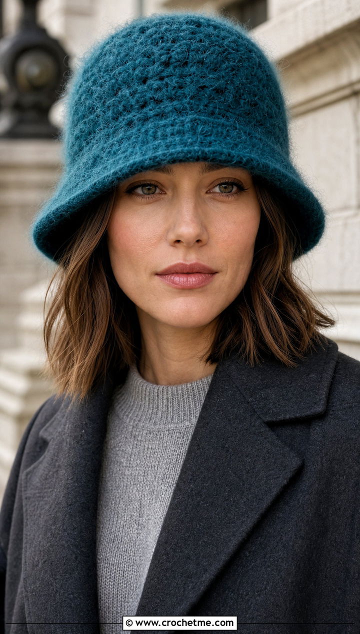 Fuzzy Mohair Crochet Bucket Hat With Long Wool Coat - 35 crochet winter bucket hat outfit ideas