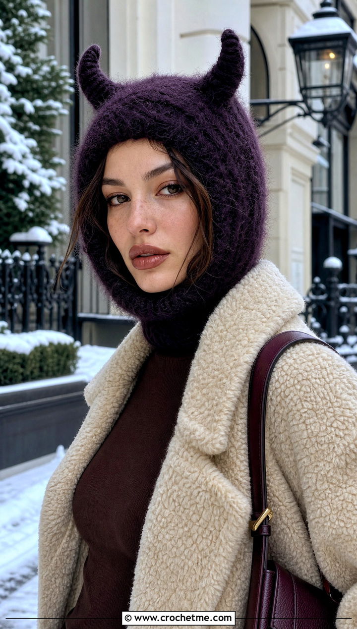 Fuzzy Mohair Crochet Devil Horn Balaclava With Shearling Coat - 20 crochet devil horn balaclava outfit ideas