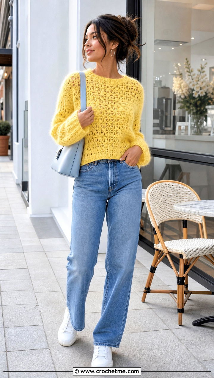 Fuzzy Mohair Crochet Pullover With Straight Leg Jeans - 35 fluffy crochet sweater outfit ideas