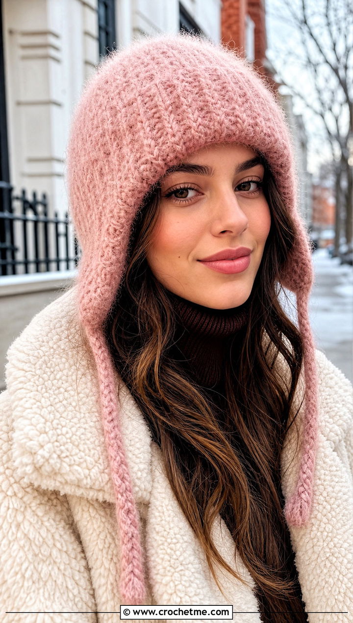 Fuzzy Mohair Ear Flap Beanie With Teddy Coat - 30 crochet ear flap beanie outfit ideas