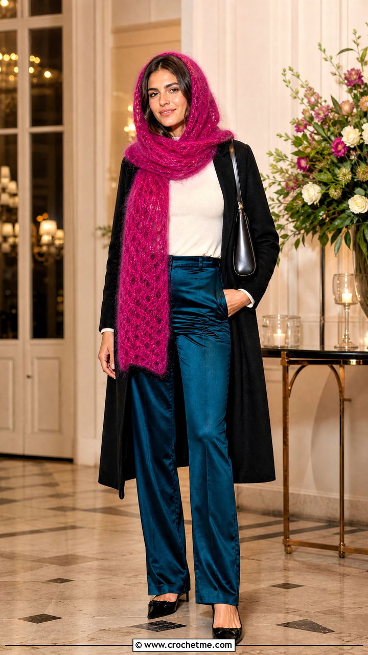 Fuzzy Mohair Hooded Scarf With Satin Pants - 35 crochet hooded scarf outfit ideas