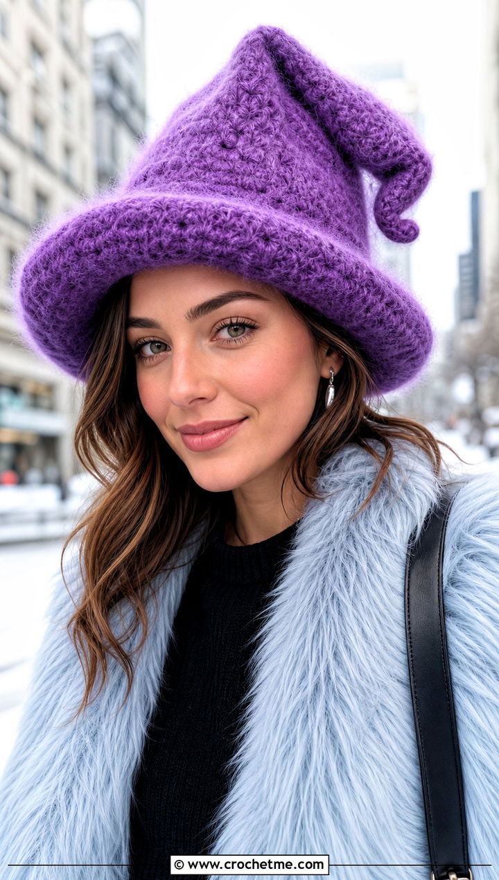 Fuzzy Mohair Slouchy Crochet Witch Hat With Faux Fur Jacket - 30 slouchy crochet witch hat outfit ideas
