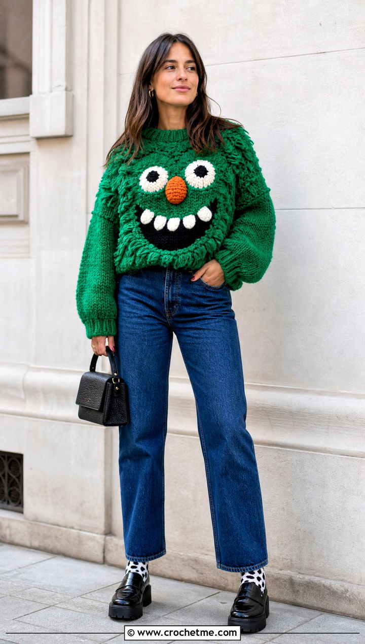 Fuzzy Monster Crochet Mabel Sweater With Matching Denim - 35 crochet mabel sweater outfit ideas