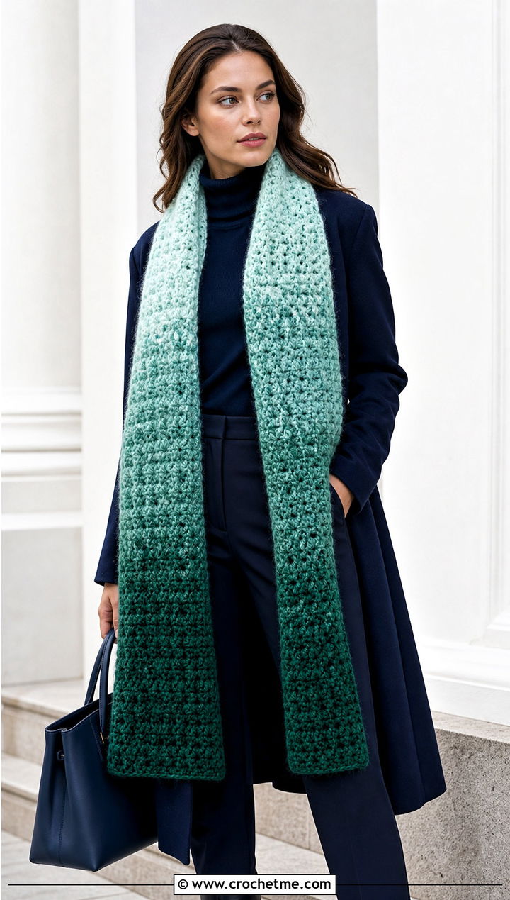 Fuzzy Ombre Crochet Scarf With Monochrome Outfit - 25 Fuzzy Crochet Scarf outfit ideas