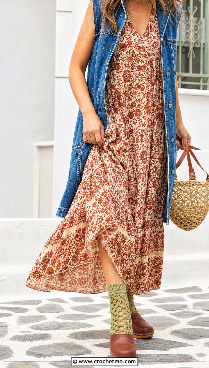 Fuzzy Openwork Crochet Socks With A Boho Maxi Dress - 20 Fuzzy Crochet Sock outfit ideas