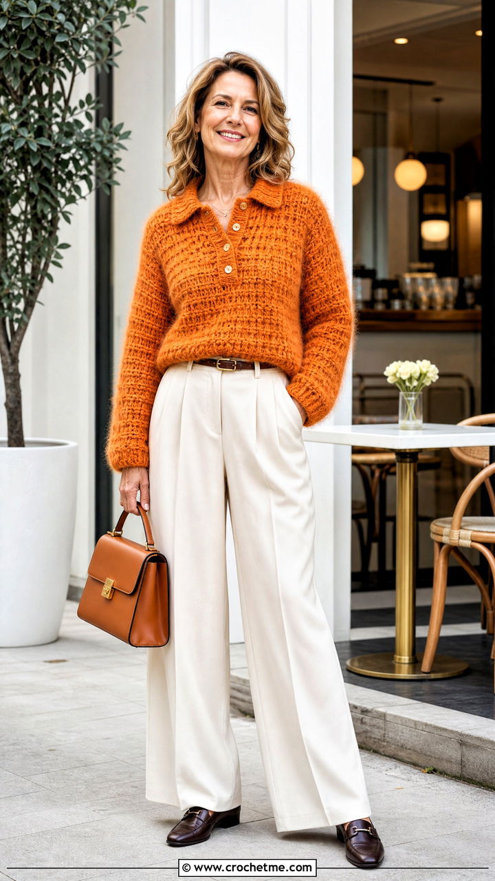 Fuzzy Polo Crochet Fluffy Sweater With Pleated Trousers - 35 crochet fluffy sweater outfit ideas